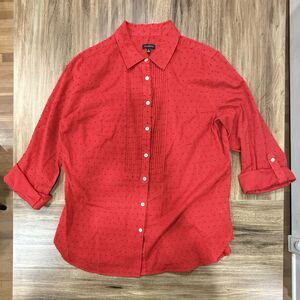 Talbots 100% Cotton Swiss Dot Textured Button Front Red Long Sleeve Shirt Sz 12